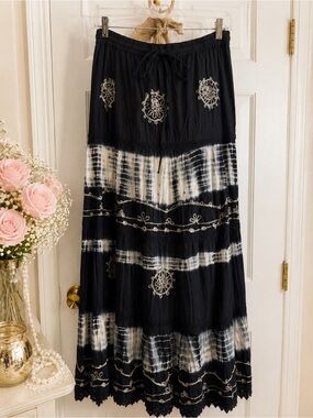 Cleopatra Boho Tie-Dye Embroidered Cotton Maxi Skirt M/L